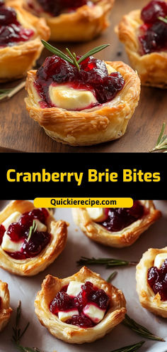 cranberry brie bites on a plate with rosemary garnish