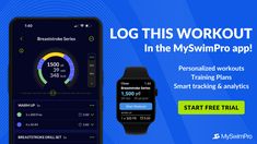 an image of a smart watch with the text log this workout in the myswim pro app