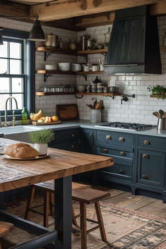 dark farmhouse kitchen, kitchen inspo, farmhouse kitchen inspo, blue kitchen, rustic kitchen Dark Kitchen Backsplash Ideas, Moody Farmhouse Kitchen, Modern Kitchen Dark, Dark Kitchen Aesthetic, Dark Moody Kitchen, Italian Kitchen Ideas, Italian Farmhouse Kitchen, Farmhouse Industrial Decor, Small Rustic Kitchens