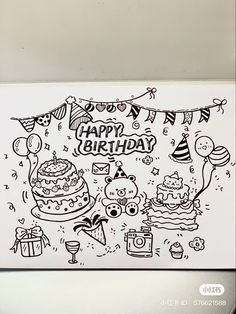 a birthday card with an image of a cake and other items on the page, which reads happy birthday