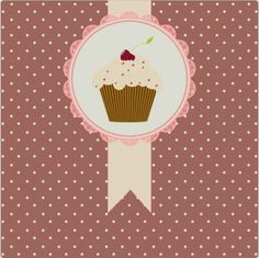 a cupcake with a cherry on top is in the middle of a polka dot background