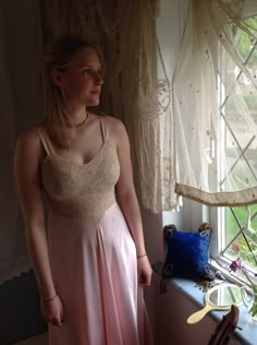 beautiful antique pink slip dress with beige lace. The back has silk ties to make the shape a little wider. When closed, the dress has bust 88 cm 34.5" But for my model I adapted the size in a bust 92 cm  36 1/4" This satin slip dress has waist 66 cm up to 71 cm (26"-28") The total length is 154 cm  60.5" In the last photo you see a repair and saw a bit staining and uneven fabric.  This slip dress is very strong and will add more sheen to your wardrobe! Satin Night Gown, Beautiful Nightgown, Satin Nightie, Pink Slip Dress, Kira Kosarin, Dress Night, Water Drawing, Silk Dresses, Silk Outfit