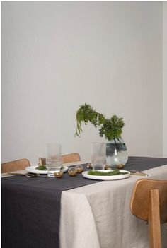 the table is set with plates, glasses and a potted plant on top of it