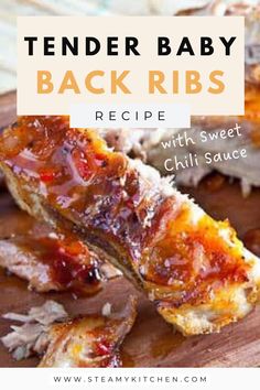 tender baby back ribs recipe with sweet chili sauce on a wooden cutting board and text overlay