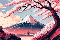 a painting of a tree with pink flowers in the foreground and a mountain in the background