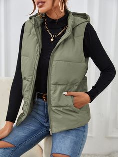 Zipper Up Slant Pocket Hooded Sleeveless Padded Coat Green Casual  Sleeveless Fabric Plain vest Non-Stretch Winter Women Clothing, size features are:Bust: ,Length: ,Sleeve Length: Look Casual Invierno, Green Puffer Vest, Green Puffer Vest Outfit, Olive Green Vest Outfit, Green Vest Outfit, Men's Swimwear, Puffer Vest Outfit, Outerwear Women Winter, Plain Vest