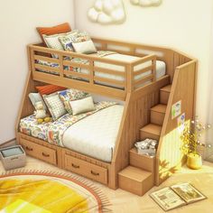 a bunk bed with stairs and drawers in the middle of a room, next to a rug