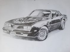 a drawing of a car with flames on the hood