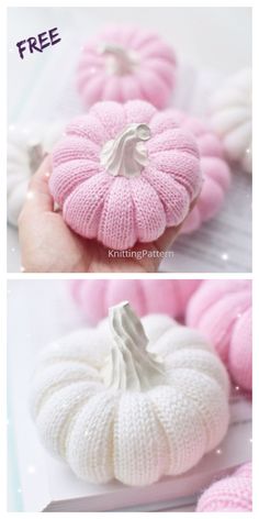 knitted pumpkins are being displayed in two different pictures, one is pink and the other is white