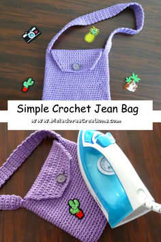 the crochet bag is made with buttons and has a small ironing board attached to it