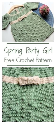 a crocheted sweater with a bow on it and the text, spring party girl free crochet pattern