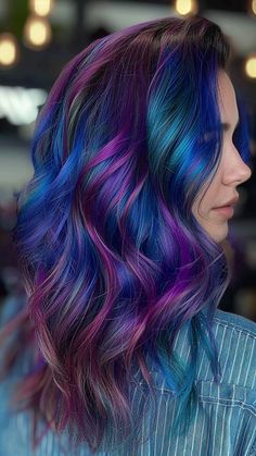 Blue And Violet Hair, Purple Rainbow Hair, Jewel Tone Hair, Oil Spill Hair, Peacock Hair Color, Oil Slick Hair Color, 2024 Purple, Purple And Blue Hair, Galaxy Hair Color