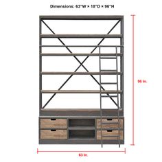 an image of a book shelf with drawers and shelves on each side, measurements for the width