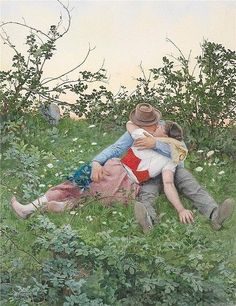 a painting of two people laying in the grass with trees and bushes behind them, hugging