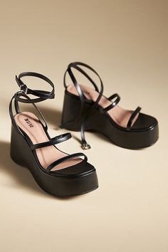 Platform Kitten Heels, Prom Shoes Wedges, 90s Platform Sandals, Strappy Platform Heels, Retro Heels, Wedges Heels, Wedges Black