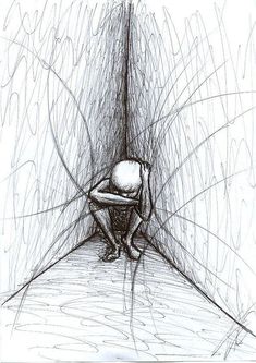 a drawing of a frog sitting on the floor in front of a wall with its head down