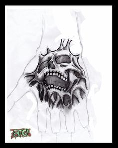 a drawing of a hand with a skull on it