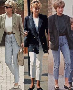 three women in different outfits walking down the street, one wearing white pants and black blazer