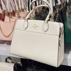 Kate Spade Madison Saffiano Leather Medium Satchel Color: Meringue Nwt New With The Tag Authentic Product Details Measurements 9" H X 5.6" D 11.8"W (Bottom) Strap Drop: 4.5" Handle Drop: 4.75" Features Strap Drop: 22" Metal Pinmount Logo Closure Type: Drop In Top Zip Closure Dust Bag Included: No Interior: Back And Front Zip Pocket Exterior: Front Slip Pocket Materials Saffiano Leather Lining: Two Way Script Logo Lining Imported Style Number Kc436 Ksny Editor's Notes We Love How Classic And Femi Kate Spade Purse Aesthetic, Purse Aesthetic, Trendy Purses, Luxury Bags Collection, Brown Satchel, Bags Kate Spade, Black Leather Satchel, Leather Satchel Handbags, Girly Bags