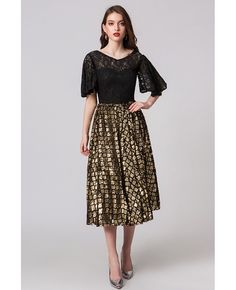 Buy Gold Sequined Lace Tea Length Party Dress With Sleeves at affordable price online. Free shipping and pro custom service since 2009. Gold A-line Fitted Evening Dress, Gold Fitted A-line Evening Dress, Gold Fitted A-line Midi Dress, Black Dress For Festive Banquet, Black Dress For Banquet And Festive Occasions, Festive Black Dress For Banquet, Festive Black Banquet Dress, Party Dress With Sleeves, Party Dresses With Sleeves