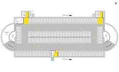 an overhead view of a parking lot with yellow and white markings on it, as well as the floor plan