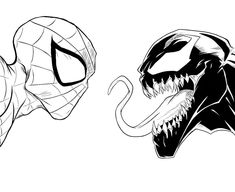 a spiderman and a black and white drawing of the same face, both with their mouths open