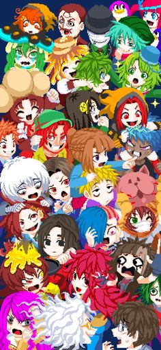 many anime characters are grouped together in the same group, all with different colored hair