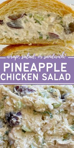 Pineapple chicken salad with chicken, grapes, pineapple, almonds, green onions, and celery in a pineapple juice mayo dressing. Serve inside croissants. Pineapple Chicken Salad Sandwiches, Chicken Salad Recipe Pineapple, Chicken Salad Cream Cheese Recipe, Chicken Salad With Pineapple Recipe, How To Serve Chicken Salad, Pineapple Mayo Sauce, Napa Valley Chicken Salad Recipe, Fruit Chicken Salad Recipe, Chicken Pineapple Salad Recipes