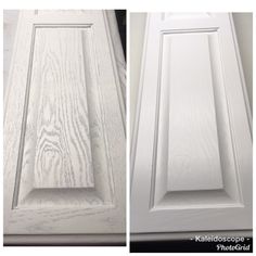 two pictures of white cabinet doors with woodgrain and the bottom panel painted white