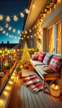 an outdoor deck decorated for christmas with lights strung from the ceiling and potted trees