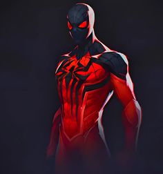 a red and black spider - man standing in the dark with his hands on his chest