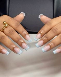 Baby Blue French Tip, Short Frenchies, Acrylic Nails Light Blue, Nail Colors For Dark Skin, Blue Prom Nails, Blue French Tip, Light Blue Nails, Baby Blue Nails