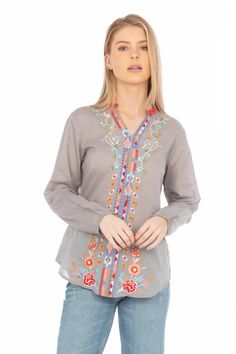 This gray /taupe boho blouse is made from 100% natural cotton voile fabric. It also features floral embroidery on the yoke, collar, and placket. Model is 5’8” - wearing size small. Model Bust: 34”Hand-wash cold, lay flat to dry.Made in India. Spring Cotton Blouse With Boho Collar, Spring Embroidered Gray Tops, Multicolor Embroidered Boho Collar Blouse, Multicolor Embroidered Blouse With Boho Collar, Cotton Voile Fabric, Voile Fabric, Boho Blouse, Cotton Voile, Boho Blouses