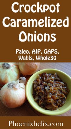 an image of crockpot caramelized onions in a bowl with garlic on the side