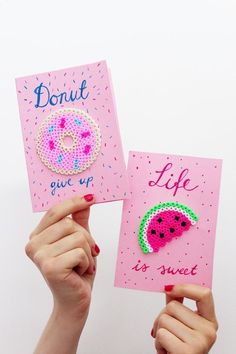 two handmade greeting cards with donuts and watermelon on them, one is for life