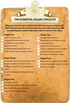 the essential salon checklist is shown on a clipboard with instructions for how to use it