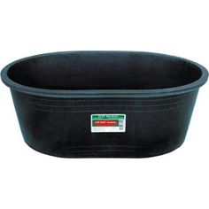 a black plastic tub with a green label on it