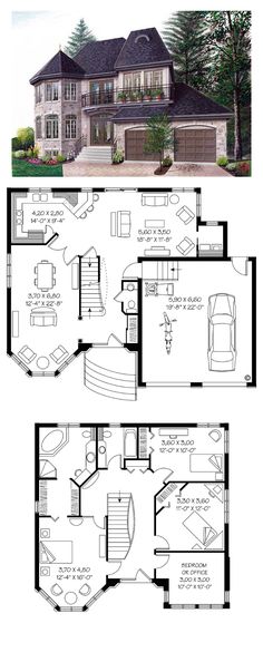 two story house plans with garage and living room in the middle, one bedroom on each floor