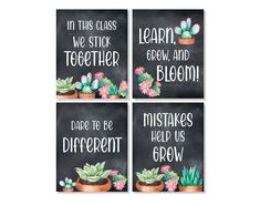 four chalkboard signs with succulents on them that say, in this class we