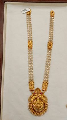 Gold Necklace Designs With Grams, Pearl Jwellary Gold, Pearl Haaram Gold, Abharana Jewellery Designs, Pearl Haaram Designs, Hara Designs Gold, Single Kada Designs Gold, Pearl Long Chain Indian Gold, Simple Long Haram Gold Jewellery Designs