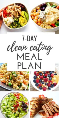 the steps to clean eating meal plan are shown in this collage with text overlay