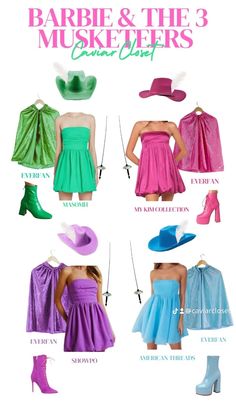 different types of dresses and hats are shown in this graphic style, with the words barbie and