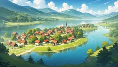 a painting of a small village on an island in the middle of a lake surrounded by mountains