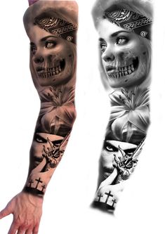 two different colored tattoos on the arms and arm, one with a woman's face