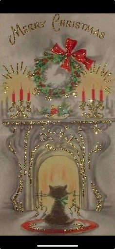 a christmas card with a cat sitting in front of a fireplace decorated for the holiday season