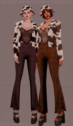 two women are standing next to each other wearing animal print jackets and pants with high heels