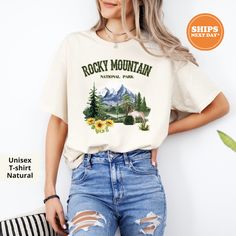 Our handmade Rocky Mountain t-shirts are crafted from the highest quality materials for an ultra-soft and comfortable wear. Our trendy Rocky Mountain shirts ship the same or next business day and are printed using an eco friendly water based ink that is not only safe for you but also safe for the environment! 💖  Bold and Bloom Co. offers trendy items for any occasion! Our shirts are crafted from the highest quality materials for ultra-soft and comfortable wear. Most importantly, all of our item Long Sleeve Cotton T-shirt For Hiking, Long Sleeve Letter Print Adventure T-shirt, Long Sleeve Letter Print T-shirt For Adventure, White Long Sleeve Adventure T-shirt, White Long Sleeve T-shirt For Adventure, Casual Tops With Custom Print For Adventure, Mountain Shirts, Colorado Shirt, National Park Gifts