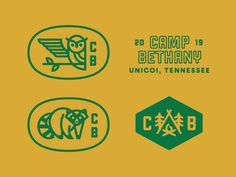 the logos for camp bethany, union tennessee and c & b are green on yellow