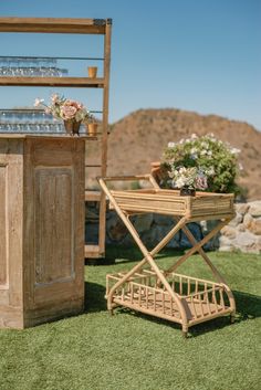 a small wooden cart sitting on top of a grass covered field next to a potted plant