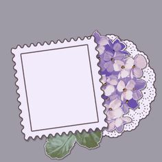 purple flowers and leaves on a white doily with a blank space for your text